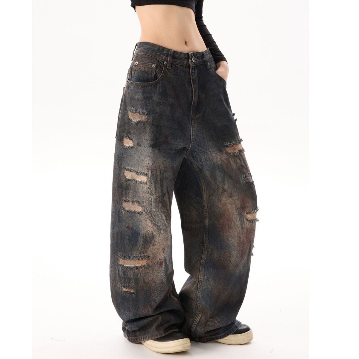 Men's Distressed Graffiti Washed Wide-Leg Jeans - Vintage Streetwear High-Waisted Loose Fit Denim Pants For Urban Style_mkmklike.com