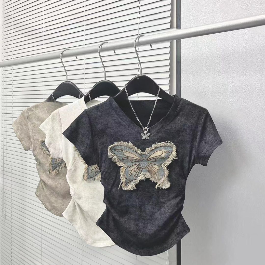 Women's Clothing Summer Tie Dye Denim Butterfly Embroidered Short Sleeves With Retro Denim Midi Skirt_mkmklike.com
