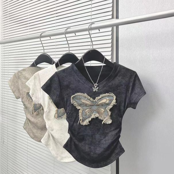 Women's Clothing Summer Tie Dye Denim Butterfly Embroidered Short Sleeves With Retro Denim Midi Skirt_mkmklike.com