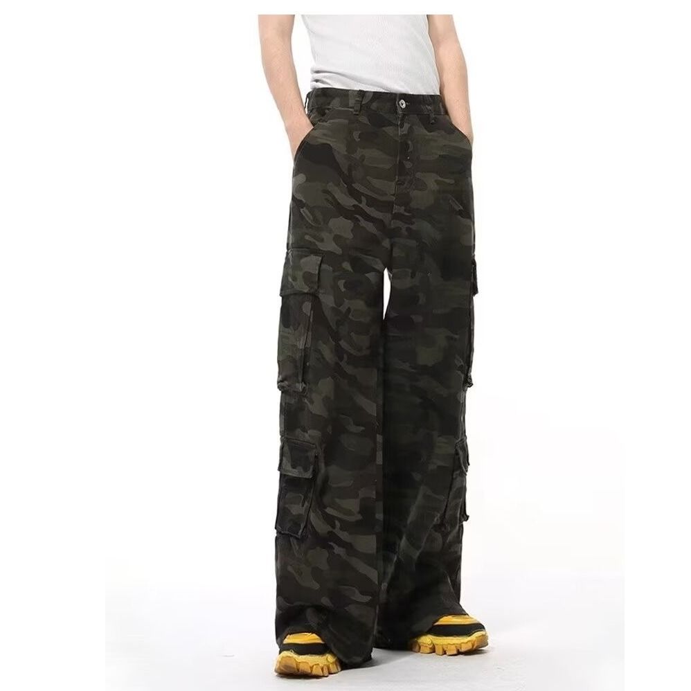 Men's Retro Camouflage Cargo Jeans Cross Border American Stylish Multi Pocket Loose Fitting Wide Leg Straight Leg Pants_mkmklike.com