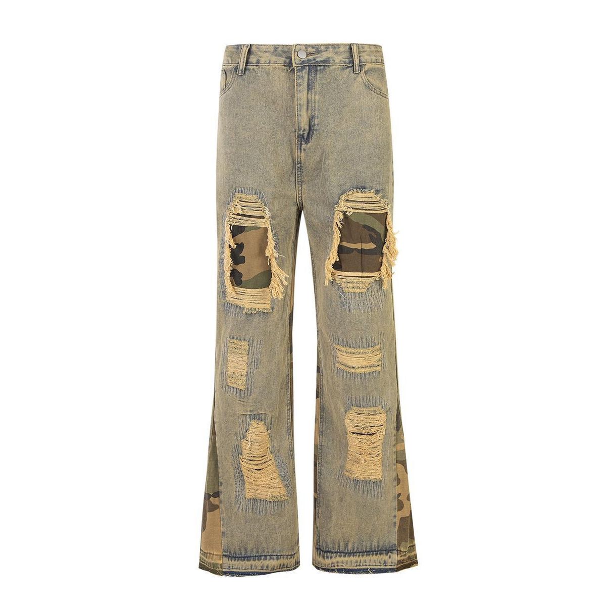 Men's Trendy Beggar Style Fake Hole Camouflage Patch Flared Straight Jeans Washed Niche Design Casual Pants_mkmklike.com