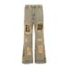 Men's Trendy Beggar Style Fake Hole Camouflage Patch Flared Straight Jeans Washed Niche Design Casual Pants_mkmklike.com