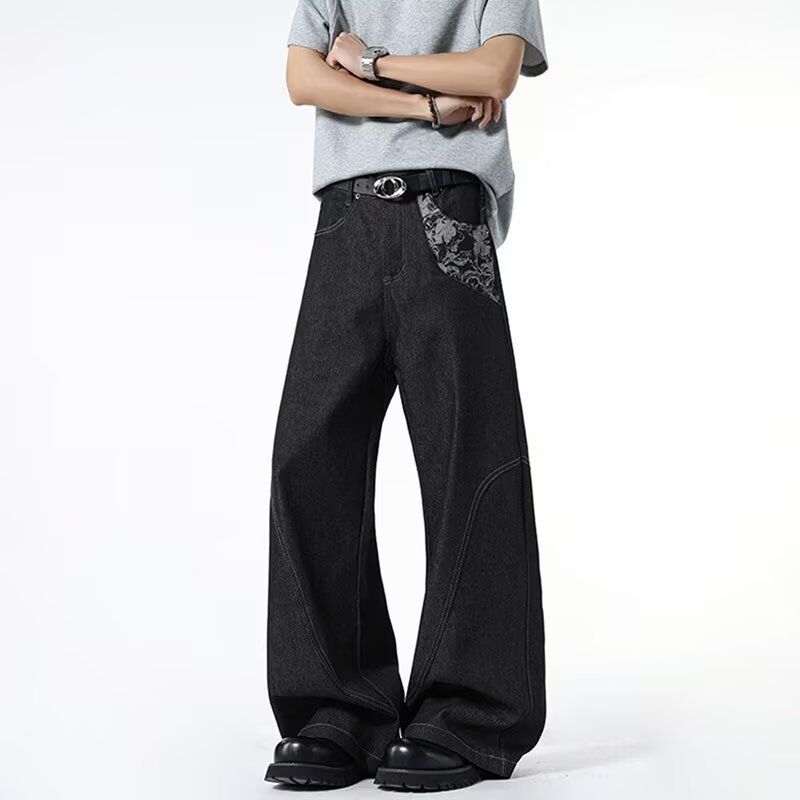 Men's Trendy Black Snakeskin Denim Jeans Mid Waist Straight Loose Fit Slightly Flared Trousers For Autumn/Winter High Street Style_mkmklike.com