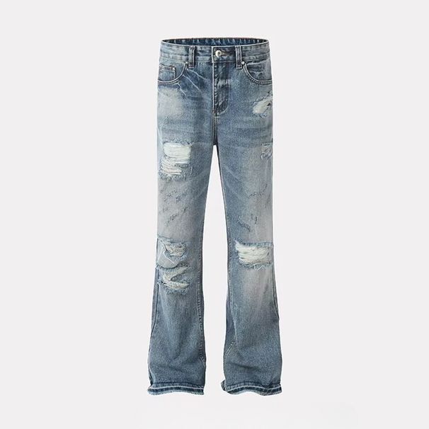 Men's High-Waist Flared Jeans Trendy High Street Style Cross Border American Retro Washed Blue Ripped Pants Floor Length_mkmklike.com