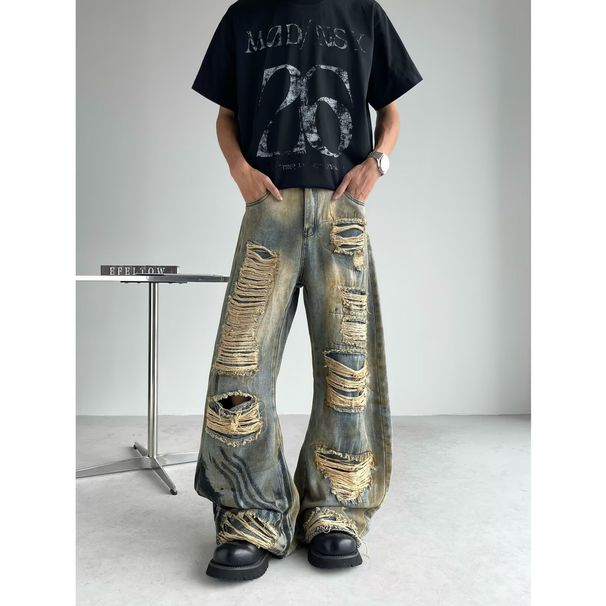 Unisex Heavy Duty Distressed Scimitar Jeans Retro Ripped Loose Wide Leg Trousers Wasteland Style Versatile Denim_mkmklike.com
