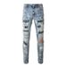 Men's Clothing Washed Cat Whisker Wrinkled Holes Splash Diamond Blue Elastic Slim Fit Skinny Jeans_mkmklike.com