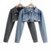 "Women's Cropped Denim Jacket - High Waist Shawl Collar Retro Style (Light Blue/Black Gray)"_mkmklike.com
