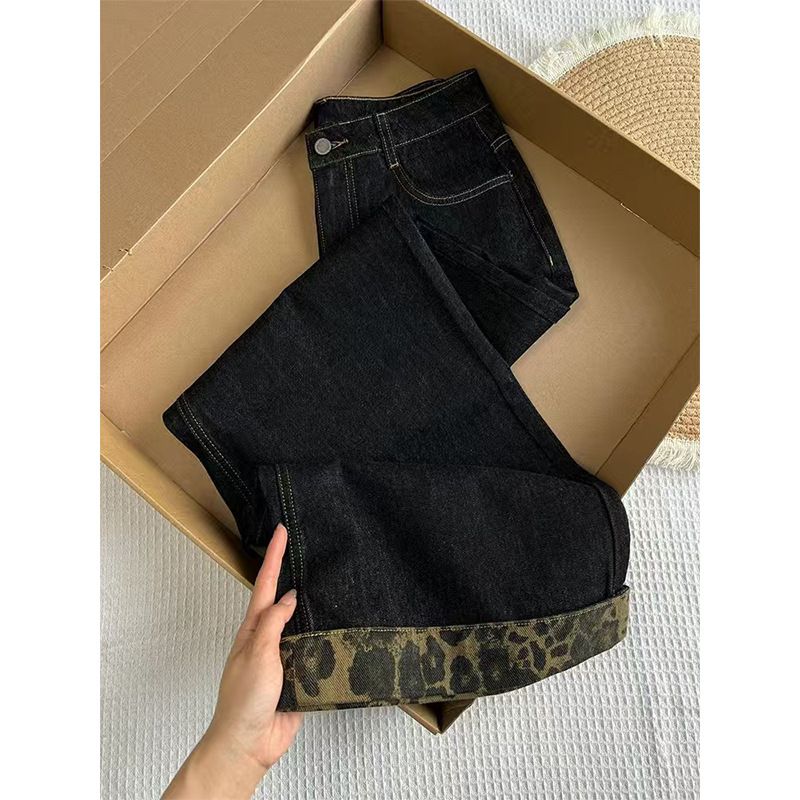 plus Size High Waisted Washed Leopard Print Wide Leg Jeans American Style Straight Leg Floor Length For Women Spring Autumn 2025 New_mkmklike.com