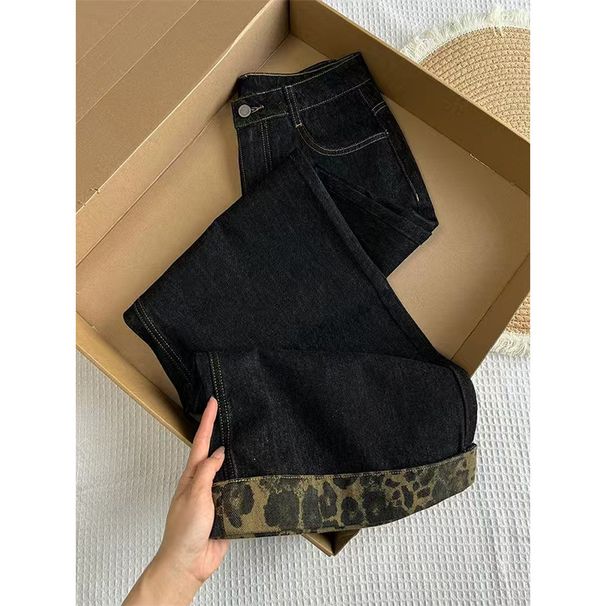 plus Size High Waisted Washed Leopard Print Wide Leg Jeans American Style Straight Leg Floor Length For Women Spring Autumn 2025 New_mkmklike.com