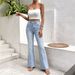 Light Blue Washed Yellow Floral Print Flared Jeans High Waist Stretch Retro Floor Length Women's Denim NY1029_mkmklike.com