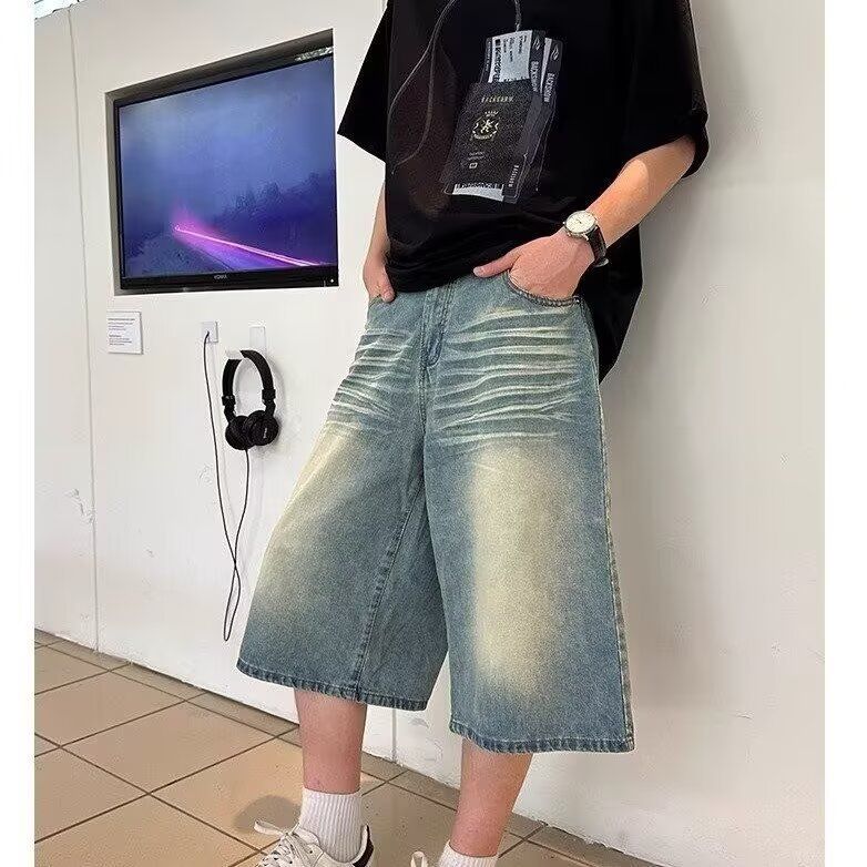 Men's Distressed Denim Shorts With Rivet & Lightning Wash – Trendy Casual 7/5 Length Jeans For Summer (Blue)_mkmklike.com