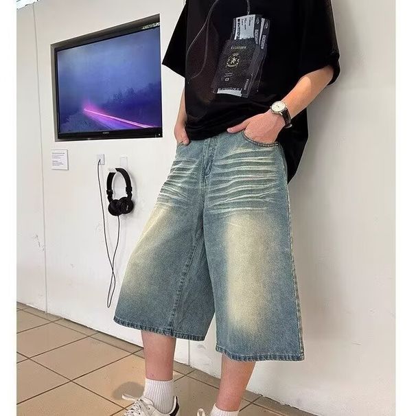 Men's Distressed Denim Shorts With Rivet & Lightning Wash – Trendy Casual 7/5 Length Jeans For Summer (Blue)_mkmklike.com