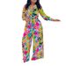 Women's Fashion Print Two-piece Suit Lapel Tie Shirt Wide Leg Pants Suit_mkmklike.com