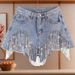 Heavy Duty High Waisted Slimming Hot Pants For Women With Beading Sequins Tassels Ripped Denim Frayed Edges Summer Fashion_mkmklike.com