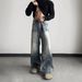 Washed Whiskered Premium Retro Denim Jeans, A Line Straight Leg With Slight Flare, Clean Fit Casual Pants_mkmklike.com