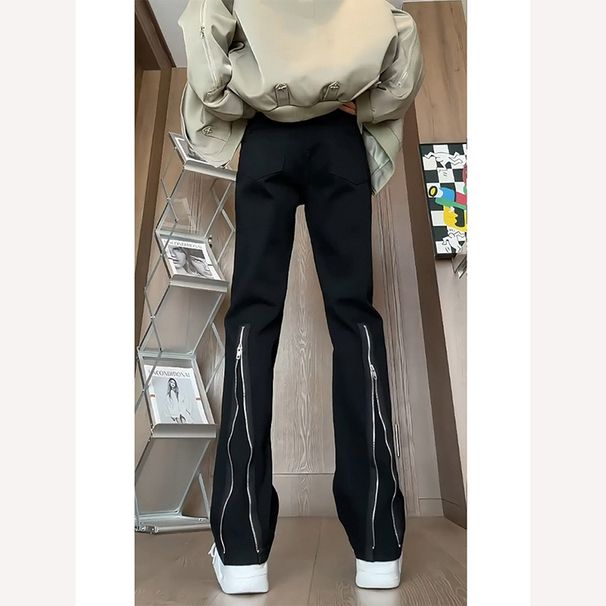 BOY Black Zipper Jeans For Men Loose American Style Vibe Narrow Straight Niche Design Flared Pants_mkmklike.com