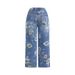 Women's Printed Straight Leg Jeans - Flowy Bootcut Denim Pants For Spring/Autumn (S-2XL, Light Blue/Dark Blue, Cotton Blend, Mid-Rise)_mkmklike.com