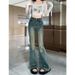 ELLE 0771 Design Sense American Retro Flared Jeans For Women Spring And Autumn Petite High Waist Slim Fit Floor-Length_mkmklike.com