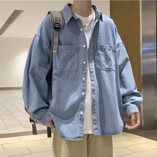 Autumn Fashion Retro Workwear Shirt Loose Denim Men's Jacket Shirt Casual Long Sleeved Jacket_mkmklike.com