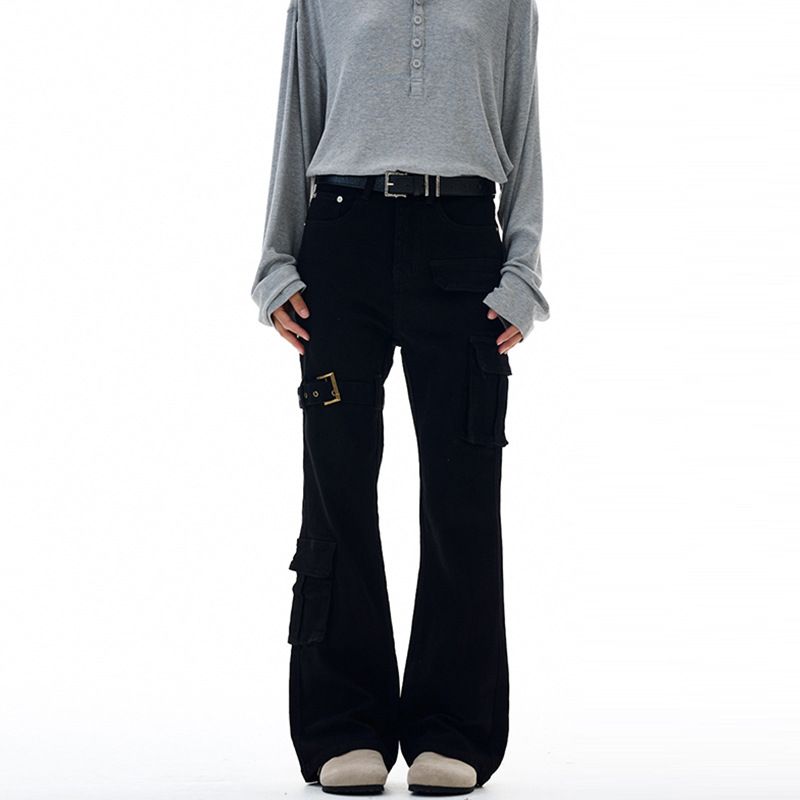 LKTM Men's Slim Fit Flared Jeans White Vibe Lace Up High Street Workwear Style Denim_mkmklike.com