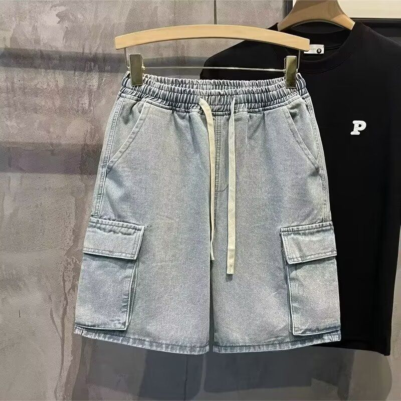 Trendy Men's Casual Workwear Denim Shorts, Summer Multi Mouth Bag, Elastic Waist, Work Wear Capris_mkmklike.com
