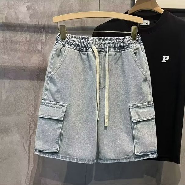 Trendy Men's Casual Workwear Denim Shorts, Summer Multi Mouth Bag, Elastic Waist, Work Wear Capris_mkmklike.com
