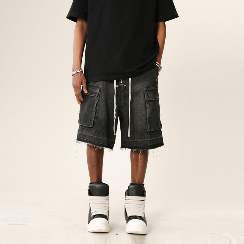 Men's Clothing High Street Vibe Washed Distressed Raw Edge Denim Shorts Pocket Workwear Loose Shorts_mkmklike.com