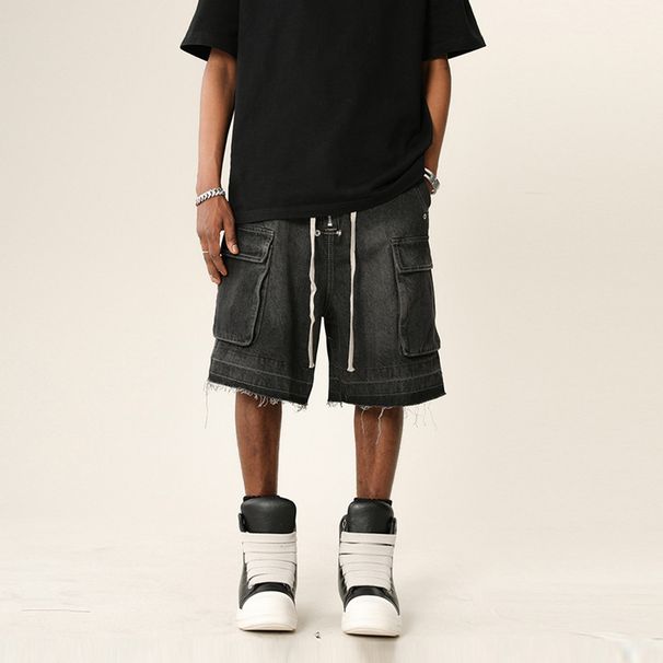 Men's Clothing High Street Vibe Washed Distressed Raw Edge Denim Shorts Pocket Workwear Loose Shorts_mkmklike.com