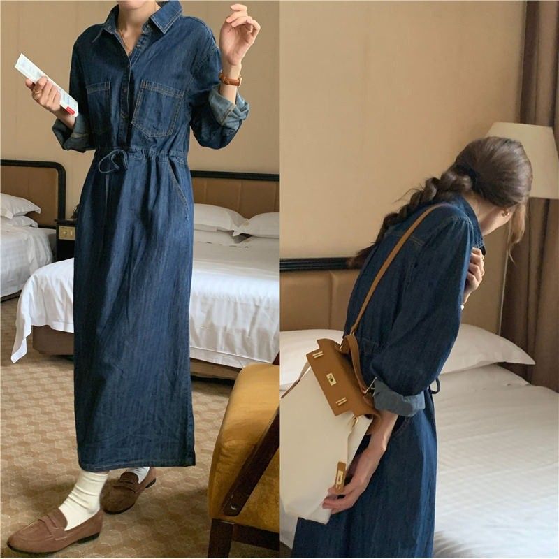 Korean Version Double Pocket Lapel Breasted Denim For Women, Drawstring Waist Tie, Water Washed Long A-Line Dress_mkmklike.com