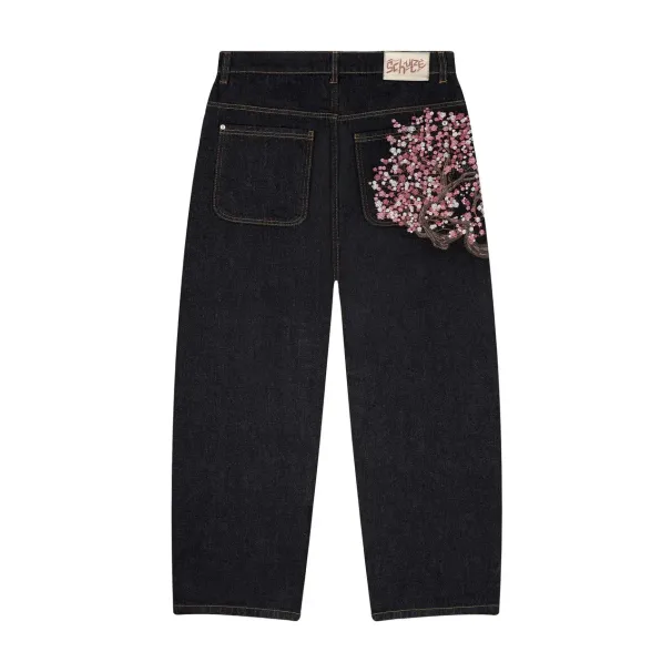 Derschutze Patchwork Cherry Blossom Embroidery Denim Pants Y2k Vintage Women Baggy Straight Wide Leg Jeans Street Men_mkmklike.com