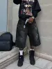 Men's Summer Denim Y2K Casual Knee Length Trendy Letter Rhinestone Embroidered Shiny Baggy Jeans Shorts Fashion_mkmklike.com