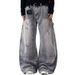 Unisex High Waist Vintage Washed Straight-Leg Jeans Relaxed Fit Distressed Details Grey S-3XL Men's Clothing Denim_mkmklike.com