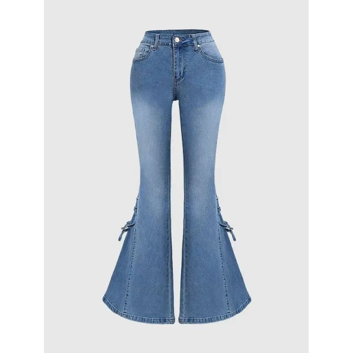 Women's Mid Waist Slim Fit Flared Jeans With Lace-Up Bow Tie Detail - Stretch Denim Trousers For Casual & Chic Style_mkmklike.com