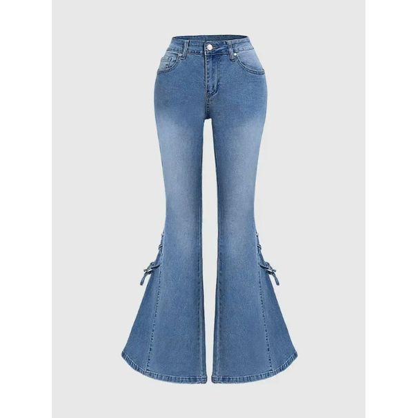 Women's Mid Waist Slim Fit Flared Jeans With Lace-Up Bow Tie Detail - Stretch Denim Trousers For Casual & Chic Style_mkmklike.com