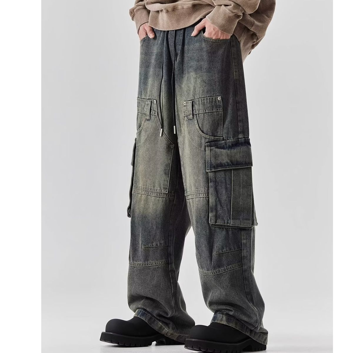 Vintage Blue Workwear Jeans For Men – Relaxed Fit Wide-Leg Denim Pants With Multi-Pockets (S-3XL, Washed Blue)_mkmklike.com