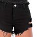 Black Denim Shorts For Women Frayed Edges Style Adjustable Elastic Waist Metal Buckle_mkmklike.com