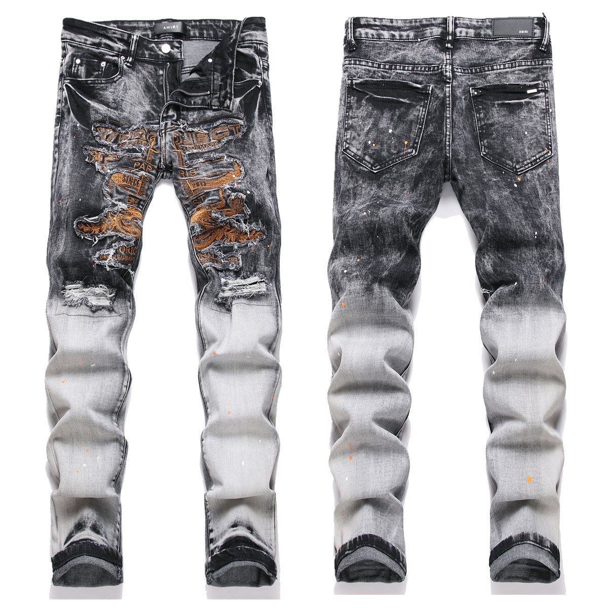 2024 New Style Washed Gray Perforated Patch Fabric Embroidered Elastic High Street Small Straight Leg Men's Jeans_mkmklike.com