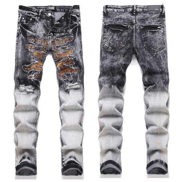 2024 New Style Washed Gray Perforated Patch Fabric Embroidered Elastic High Street Small Straight Leg Men's Jeans_mkmklike.com