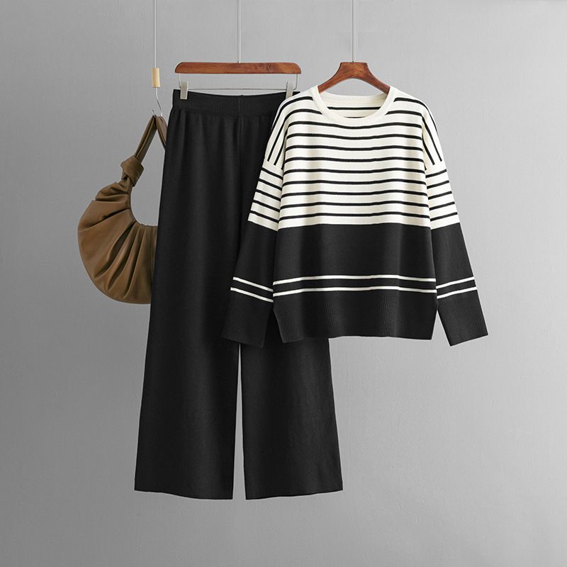 Women's Clothing striped knitted two piece round neck sweater loose casual fashion suit_mkmklike.com