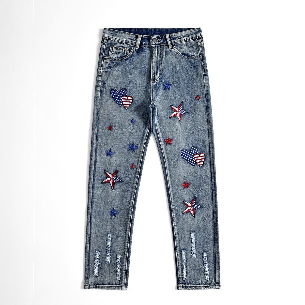 European Size Trendy High Street Men's Jeans American Style Ripped Digital Print Cross Border Hot Item_mkmklike.com