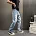 Slim Fit Men's Ripped Jeans Light Blue Straight Leg Washed Denim Slightly Flared Long Durable Harem Pants_mkmklike.com