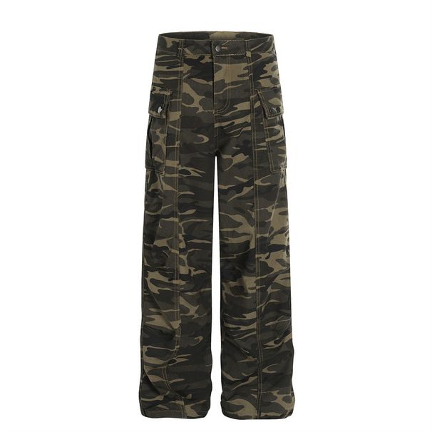 American High Street Workwear Camouflage Jeans Men's Pleated Paratrooper Trendy Loose Pocket Straight Wide-Leg Pants_mkmklike.com