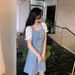 ELLE Square Neck Puff Sleeve Summer Thin Waist Slimming Petite Denim Short Dress_mkmklike.com