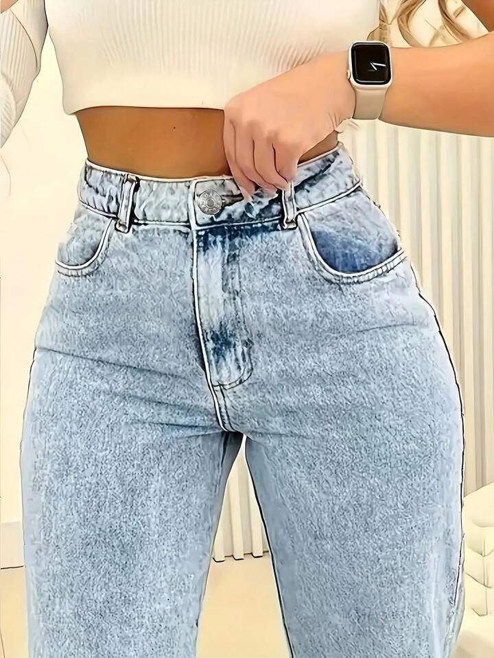 Unisex Gothic High-Waist Jeans – Raw Hem Straight Leg Denim For Streetwear (S-XL, Light Blue)_mkmklike.com