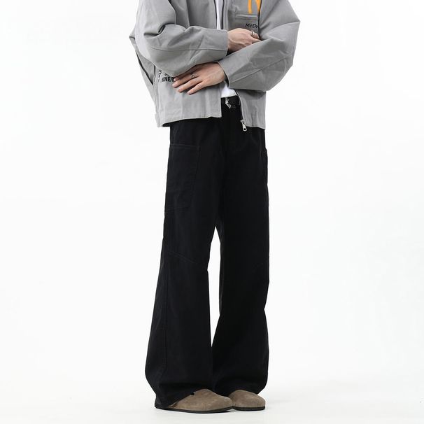 Men's Washed Pocket Cargo Jeans Straight Leg Loose Fit Wide Leg High Street Style Trendy Versatile Casual Trousers_mkmklike.com