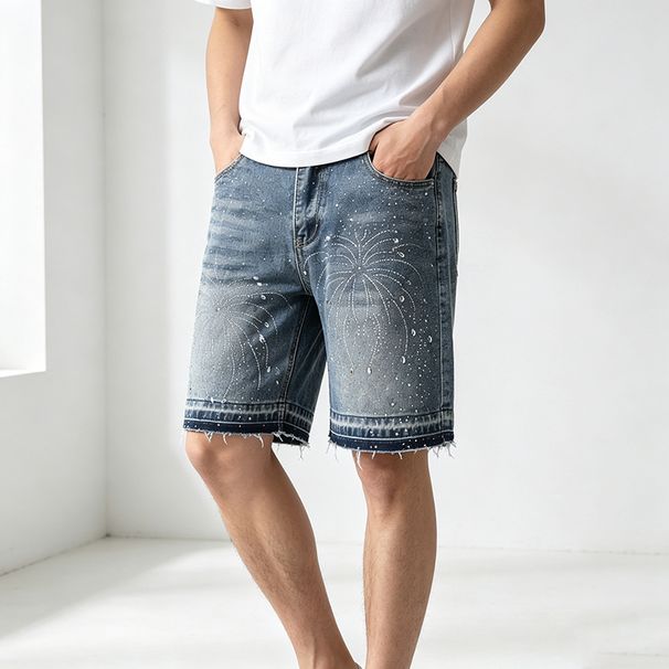 Men's Denim Shorts Rhinestone Embellishments European American Style Trendy Versatile Full Rhinestone Five Point Loose Fitting Mid Length_mkmklike.com