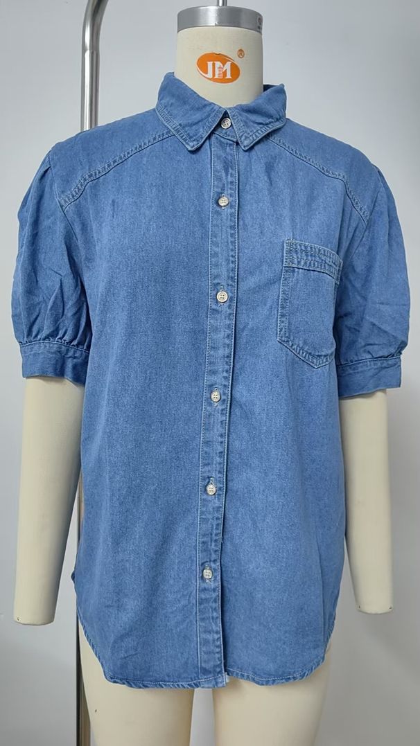 K New Arrival Versatile Princess Sleeve Turn-Down Thin Denim Shirt Casual Top For Women_mkmklike.com