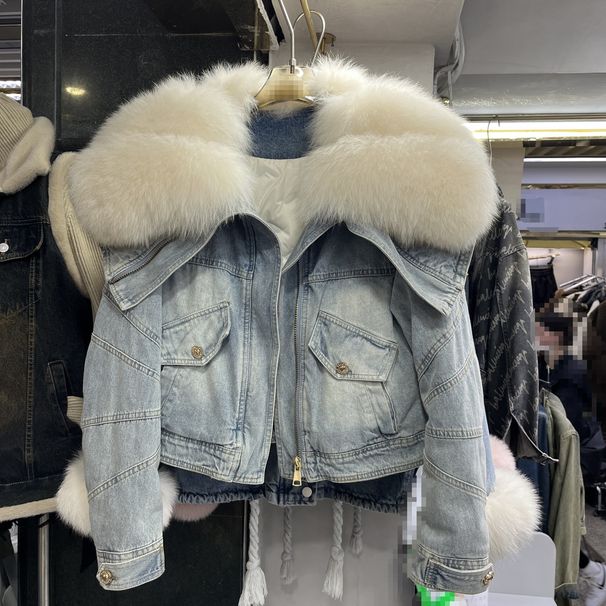 Women's Clothing Large Fur Collar Fox Fur Denim Fur Jacket Women's Thick Lined Parka_mkmklike.com