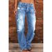 Women's Clothing Denim Trousers Mid Waist Ripped Casual Straight Leg Trousers_mkmklike.com