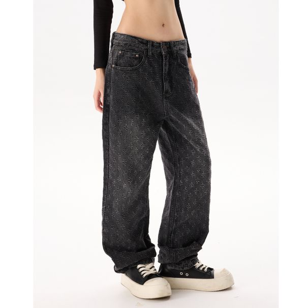 Men's & Women's High Street Jacquard Print Loose Fit Straight Leg Washed Denim Jeans - Black, Retro Blue, Coral Pink & More_mkmklike.com